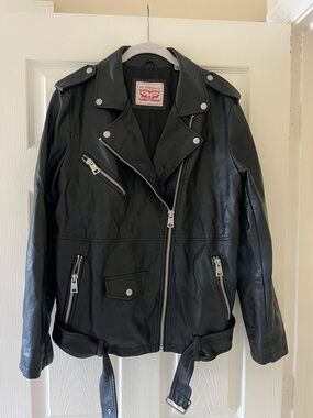 Levi's Black Leather Moto Jacket with Zip Details